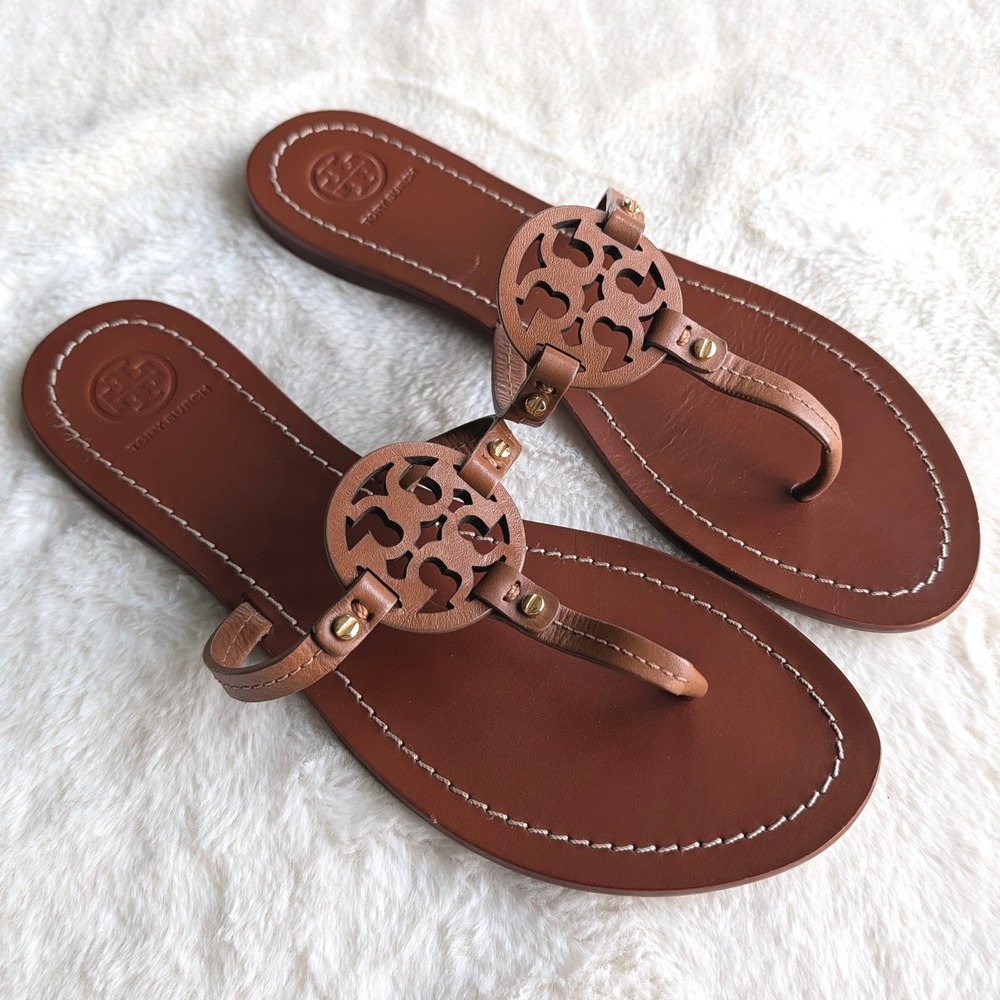 Tory Burch Mini Miller Tan Leather Logo Thong Flat Sandals Size 8.5 M